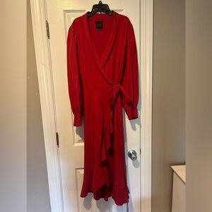 Alex Marie Red Wrap Dress with Bishop Sleeves and V-Neck